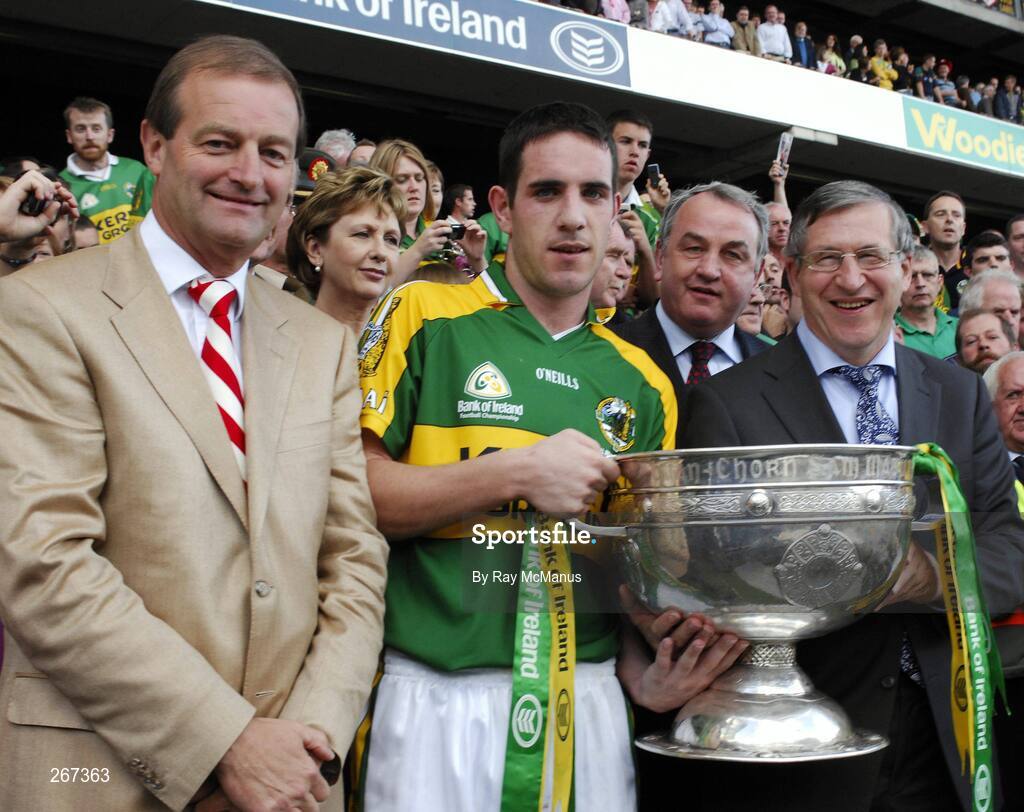 16 September 2007; Brian J. Goggin, Group Chief Executive, Bank of Ireland, Declan O'Sullivan, Kerry captain, Nickey Brennan, President of the GAA and Liam Mulvihill, Ard Stiúirthoir of the GAA, who presented the Sam Maguire cup. Bank of Ireland All-Ireland Senior Football Championship Final, Kerry v Cork, Croke Park, Dublin. Picture credit; Ray McManus / SPORTSFILE