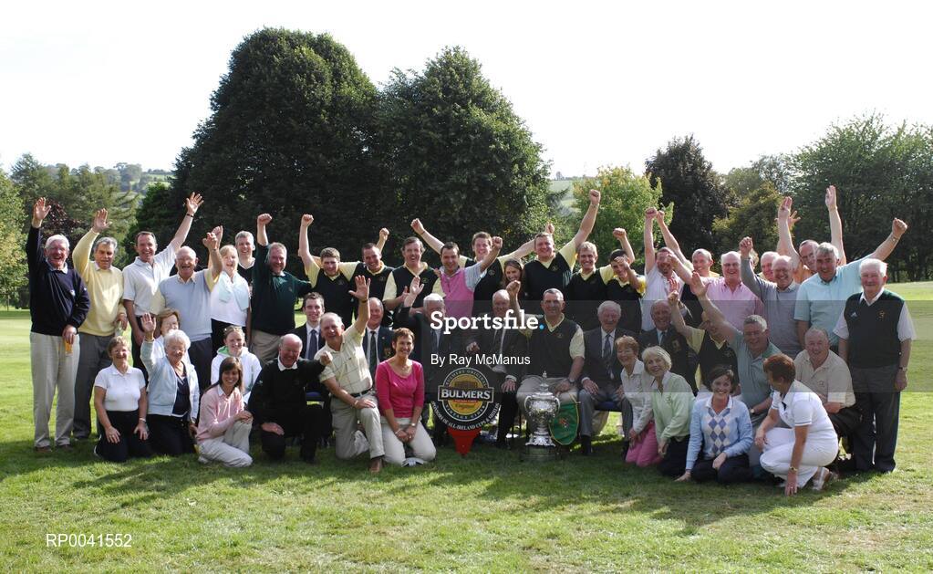 15 September 2007; Co. Sligo Golf Club, winners of the Bulmers Senior Cup, back row, left to right, Michael Durcan, Martin McTernan, Kevin Flanagan, Gary McDermott, David Dunne, Keith O’Neill, Stephen Brady, David McDermott and Aidan Anderson, front row, left to right, Paul McGurk, Bulmers; Dennis McConnell, Captain, Shandon Park Golf Club; Tommie Basquille, President, Golfing Union of Ireland, Michael McNamara, Captain, Co. Sligo G.C.; Tom Ford, Team Captain; Eugene Fayne, Chairman, GUI Connacht Branch; Sean Sweeney, President, Co. Sligo G.C. and Seryth Heavey.  Bulmers Cups and Shields Finals 2007, Shandon Park Golf Club, Belfast, Co. Antrim. Picture credit: Ray McManus / SPORTSFILE