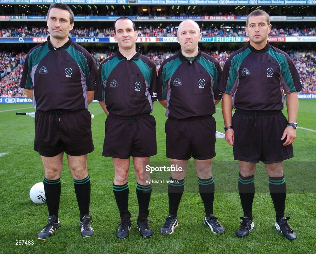 16 September 2007; Match officials, from left, Linesman Maurice Deegan, Referee David Coldrick, Linesman and Standby Referee Marty Duffy, and Sideline official Robert O'Donnell. Bank of Ireland All-Ireland Senior Football Championship Final, Kerry v Cork, Croke Park, Dublin. Picture credit; Brian Lawless / SPORTSFILE