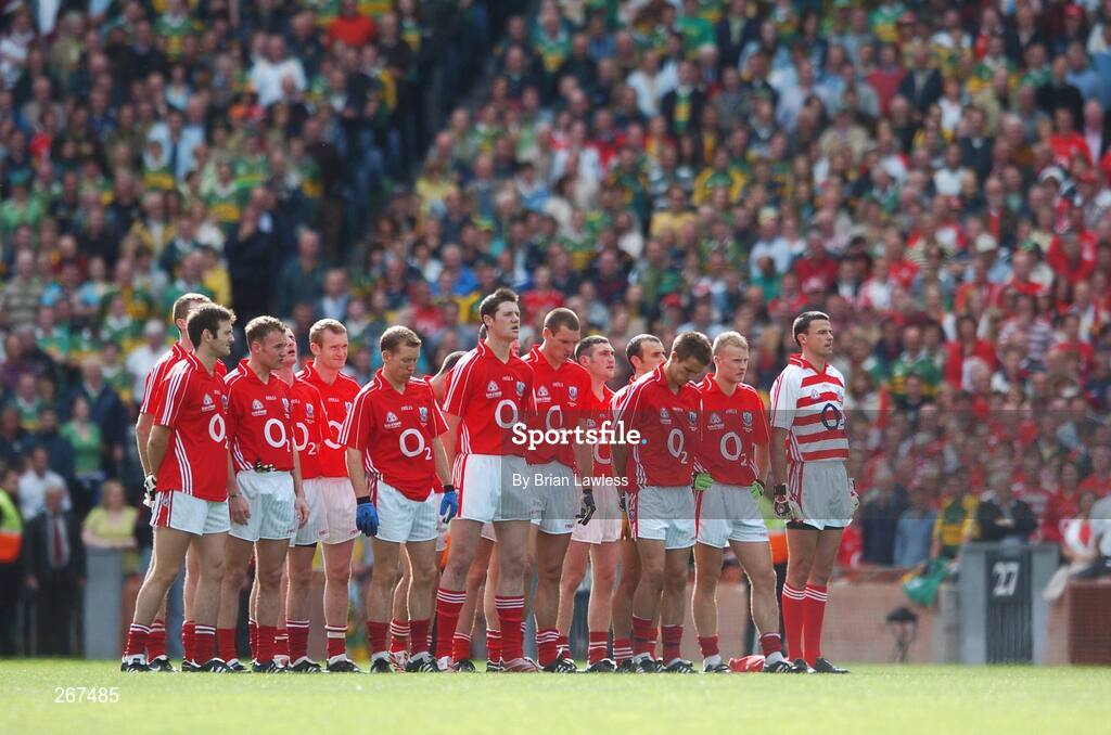 16 September 2007; The Cork team stand for the National Anthem. Bank of Ireland All-Ireland Senior Football Championship Final, Kerry v Cork, Croke Park, Dublin. Picture credit; Brian Lawless / SPORTSFILE