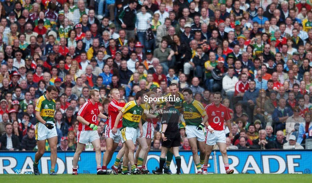 16 September 2007; Cork and Kerry players confront referee David Coldrick. Bank of Ireland All-Ireland Senior Football Championship Final, Kerry v Cork, Croke Park, Dublin. Picture credit; Brian Lawless / SPORTSFILE