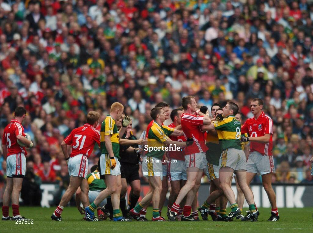 16 September 2007; Cork and Kerry players tussle during the match. Bank of Ireland All-Ireland Senior Football Championship Final, Kerry v Cork, Croke Park, Dublin. Picture credit; Brian Lawless / SPORTSFILE