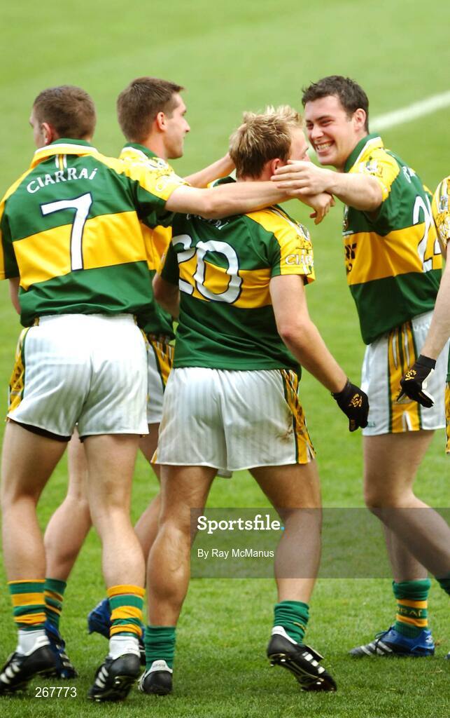 16 September 2007; Kerry players, from left to right are, Killian Young, Paul O'Connor, Darren O'Sullivan and Ronan O'Flatharta celebrate after the match. Bank of Ireland All-Ireland Senior Football Championship Final, Kerry v Cork, Croke Park, Dublin. Picture credit; Ray McManus / SPORTSFILE