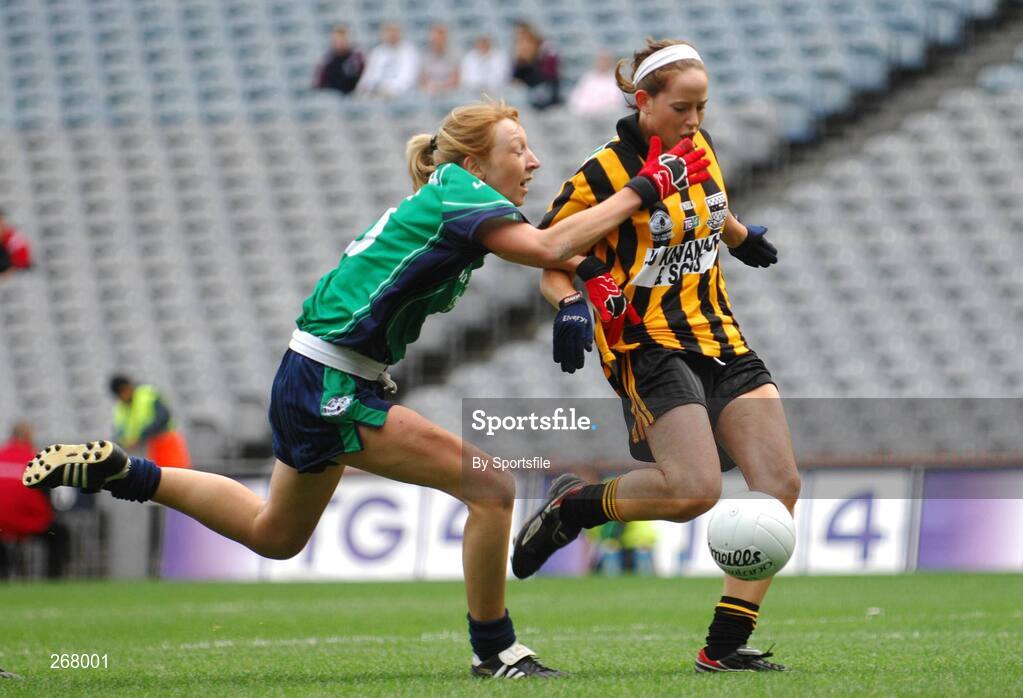 23 September 2007; Kilkenny's Lydia Phelan shoots to score her side's second goal despite the efforts of London's Linda Tighe. TG4 All-Ireland Ladies Junior Football Championship Final, London v Kilkenny, Croke Park, Dublin. Picture credit; Paul Mohan / SPORTSFILE