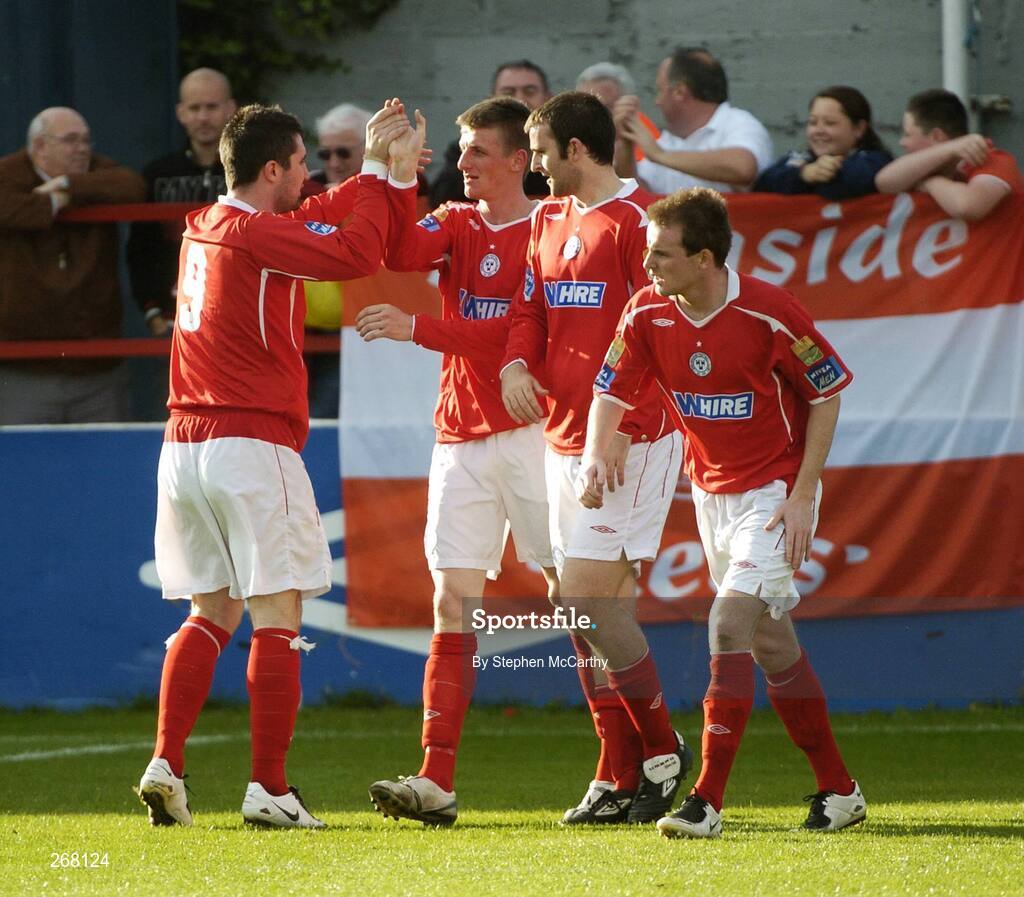 23 September 2007; Shelbourne's Anthony Flood, second from left, celebrates after scoring his side's first goal with team-mates, from left, Mark Leech, Ian Malone and Cathal Brady. eircom League of Ireland First Division, Shelbourne v Kildare County, Tolka Park, Dublin. Picture credit; Stephen McCarthy / SPORTSFILE
