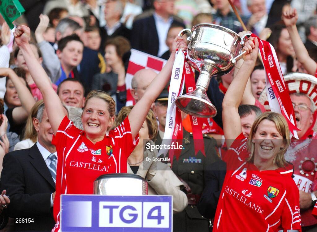 23 September 2007; Cork captain Juliet Murphy, left, and Mary O'Connor hold aloft the Brendan Martin cup. TG4 All-Ireland Ladies Senior Football Championship Final, Cork v Mayo, Croke Park, Dublin. Picture credit; Paul Mohan / SPORTSFILE
