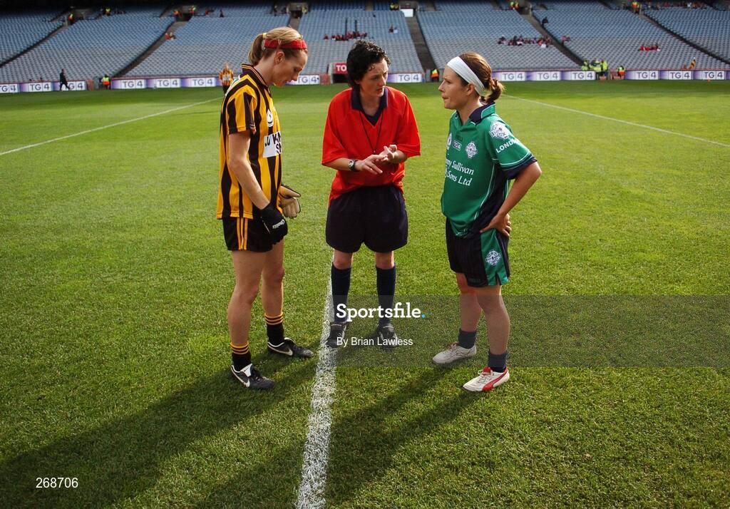 23 September 2007; Referee Maggie Farrelly speaks with team captains, Bree White, London, and Caitriona Grace, Kilkenny.TG4 All-Ireland Ladies Junior Football Championship Final, London v Kilkenny, Croke Park, Dublin. Picture credit; Brian Lawless / SPORTSFILE