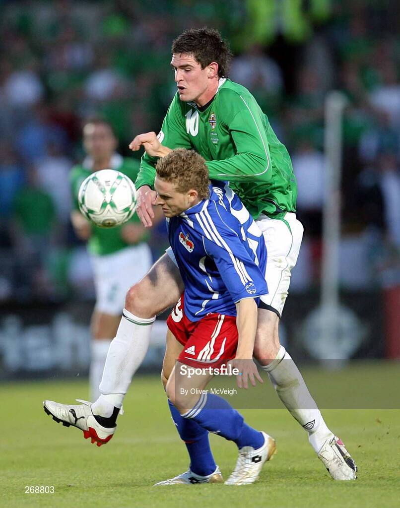 22 August 2007; Kyle Lafferty, Northern Ireland, in action against Fabio D'Elia, Liechtenstein. 2008 European Championship Qualifier, Group F, Northern Ireland v Liechtenstein, Windsor Park, Belfast, Co. Antrim. Picture credit: Oliver McVeigh / SPORTSFILE