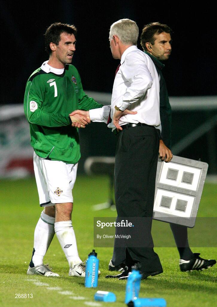 22 August 2007; Northern Ireland Nigel Worthington right shakes hands with Keith Gillespie. 2008 European Championship Qualifier, Group F, Northern Ireland v Liechtenstein, Windsor Park, Belfast, Co. Antrim. Picture credit: Oliver McVeigh / SPORTSFILE