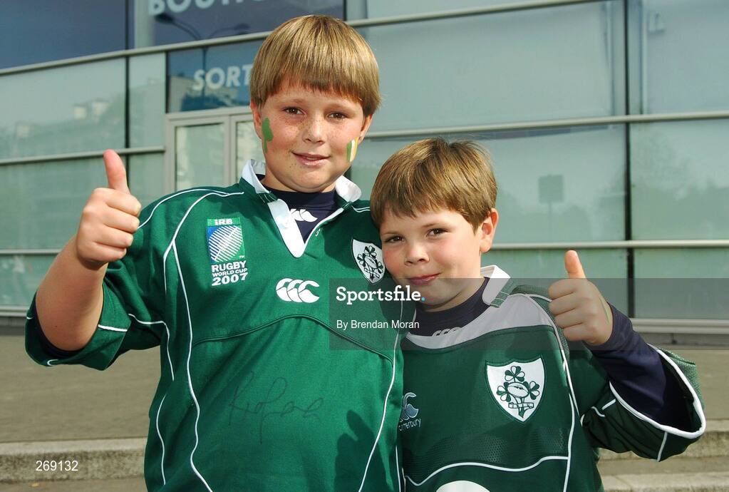 30 September 2007; Ireland fans Stuart, left, age 11, and his brother James Faulkner, age 9, from Belfast, at the game. 2007 Rugby World Cup, Pool D, Ireland v Argentina, Parc des Princes, Paris, France. Picture credit; Brendan Moran / SPORTSFILE