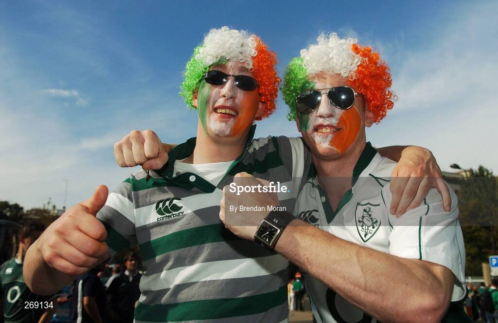30 September 2007; Ireland fans Barry Fitzgerald, left, Kilmihil, Co. Clare, and Colin Power, Enniscorthy, Co. Wexford, at the game. 2007 Rugby World Cup, Pool D, Ireland v Argentina, Parc des Princes, Paris, France. Picture credit; Brendan Moran / SPORTSFILE