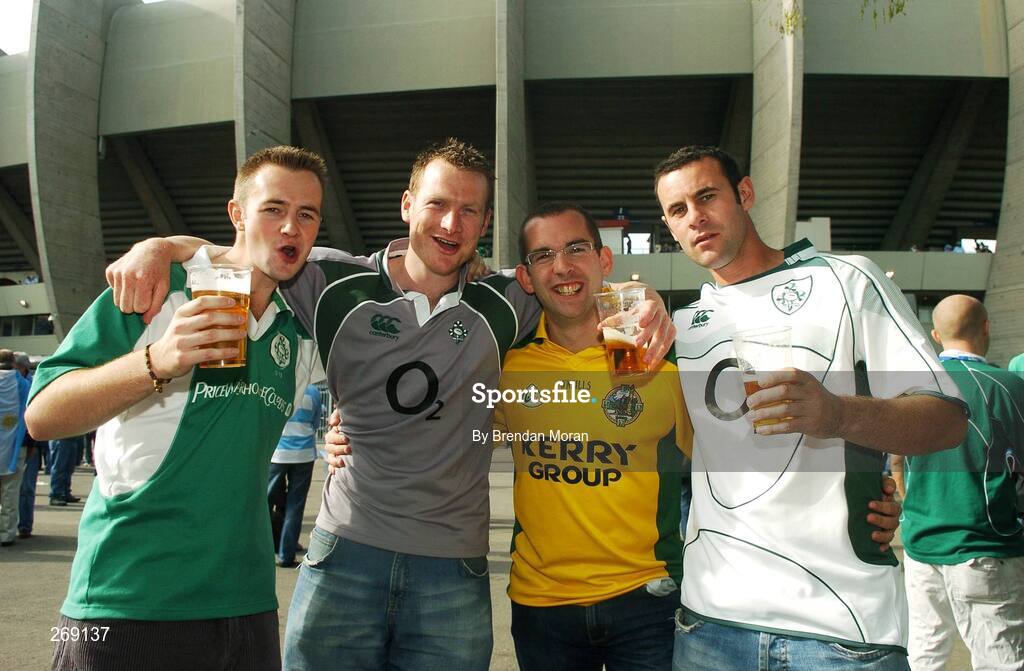 30 September 2007; Ireland fans, from left, Jonathan Blennerhassett, Liam Poff, Kieran O'Shea and Sean Hayes, from Tralee, Co. Kerry, at the game. 2007 Rugby World Cup, Pool D, Ireland v Argentina, Parc des Princes, Paris, France. Picture credit; Brendan Moran / SPORTSFILE