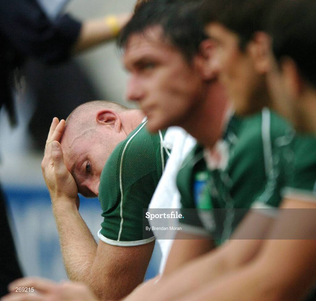 30 September 2007; Ireland's Denis Hickie watches the final moments of the game from the bench. 2007 Rugby World Cup, Pool D, Ireland v Argentina, Parc des Princes, Paris, France. Picture credit; Brendan Moran / SPORTSFILE