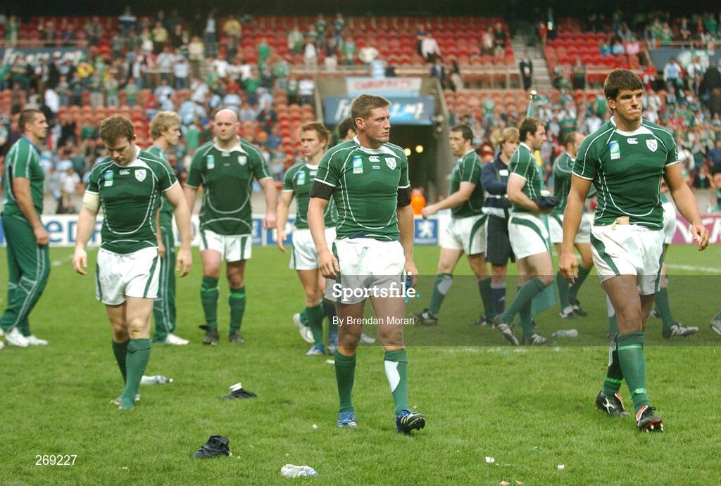 30 September 2007; Ireland players including Gordon D'Arcy, Ronan O'Gara and Donncha O'Callaghan leave the pitch after the game. 2007 Rugby World Cup, Pool D, Ireland v Argentina, Parc des Princes, Paris, France. Picture credit; Brendan Moran / SPORTSFILE