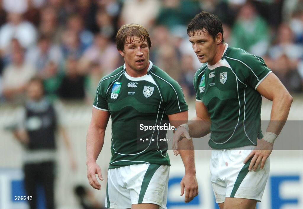 30 September 2007; Ireland players Jerry Flannery and David Wallace toward the end of the match. 2007 Rugby World Cup, Pool D, Ireland v Argentina, Parc des Princes, Paris, France. Picture credit; Brian Lawless / SPORTSFILE