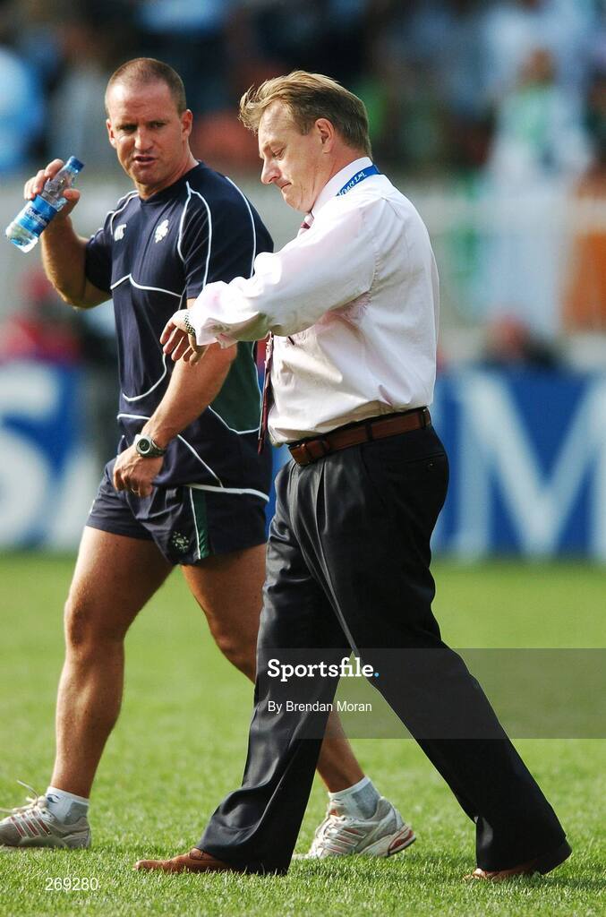 30 September 2007; Ireland head coach Eddie O'Sullivan with fitness coach Mike McGurn, left, before the game. 2007 Rugby World Cup, Pool D, Ireland v Argentina, Parc des Princes, Paris, France. Picture credit; Brendan Moran / SPORTSFILE