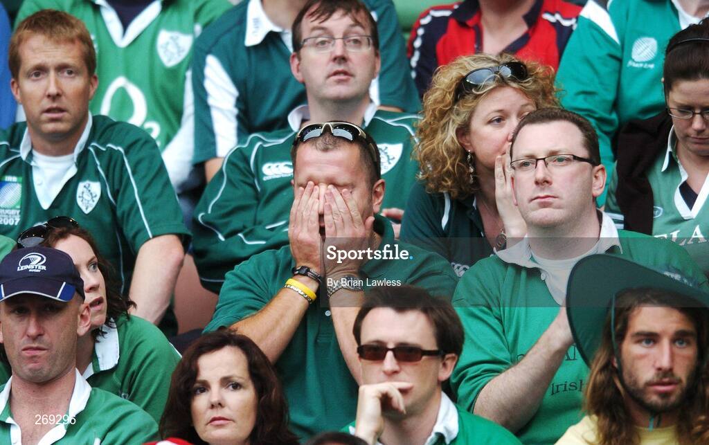 30 September 2007; Ireland fans react during the match. 2007 Rugby World Cup, Pool D, Ireland v Argentina, Parc des Princes, Paris, France. Picture credit; Brian Lawless / SPORTSFILE