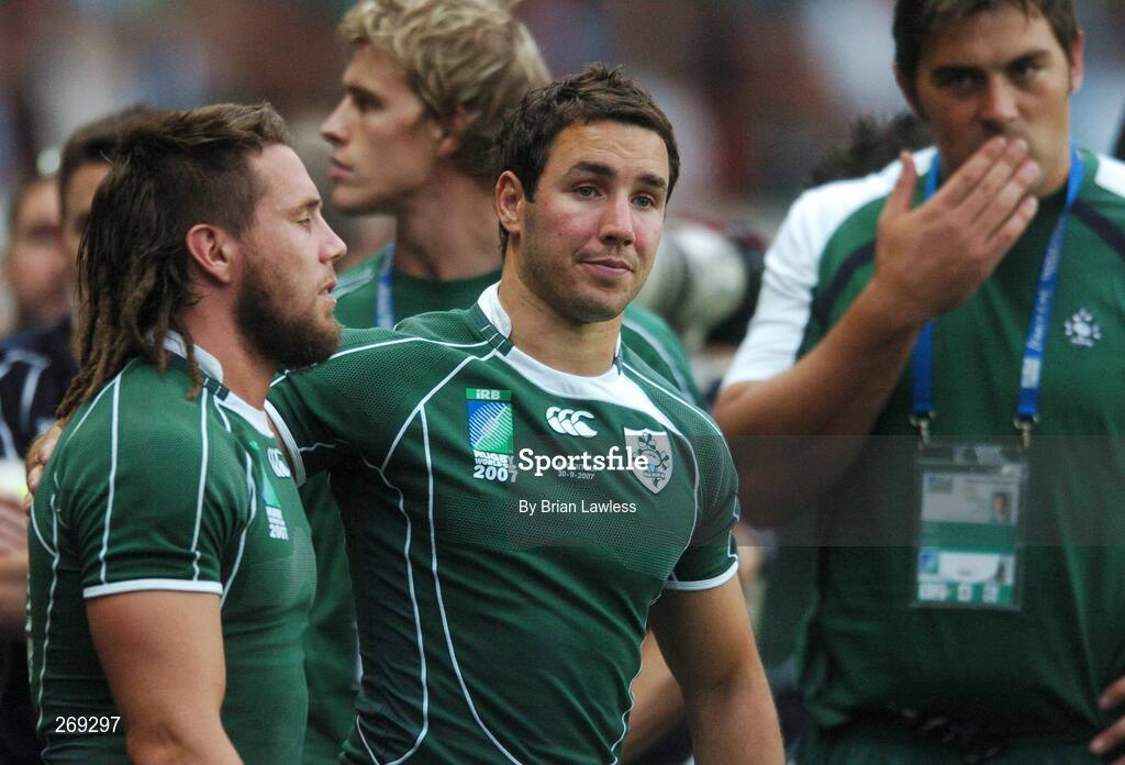 30 September 2007; Ireland's Paddy Wallace with team-mate Isaac Boss, left, after the match. 2007 Rugby World Cup, Pool D, Ireland v Argentina, Parc des Princes, Paris, France. Picture credit; Brian Lawless / SPORTSFILE