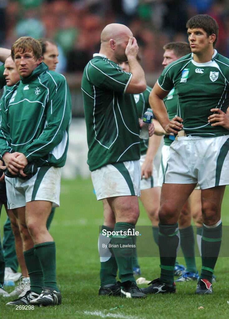 30 September 2007; Ireland players, from left, Jerry Flannery, John Hayes, and Donnacha O'Callaghan, after the match. 2007 Rugby World Cup, Pool D, Ireland v Argentina, Parc des Princes, Paris, France. Picture credit; Brian Lawless / SPORTSFILE