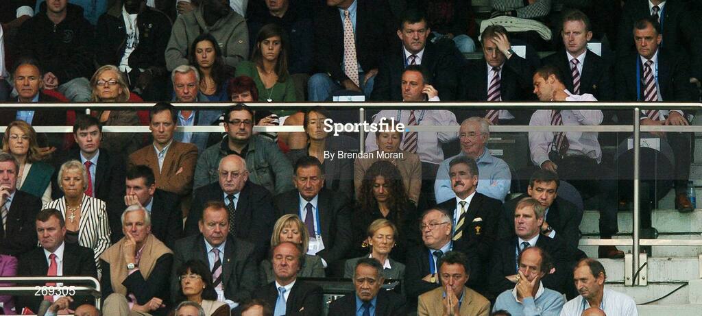 30 September 2007; Ireland head coach Eddie O'Sullivan, 3rd from right, top of frame reacts during the game. Also in photo are Der Healy, left, 2nd row from front, President of the IRFU, Philip Browne, 3rd from left, 2nd row from front, Chief Executive, IRFU, Noel Murphy and Peter Boyle, both past presidents of the IRFU. 2007 Rugby World Cup, Pool D, Ireland v Argentina, Parc des Princes, Paris, France. Picture credit; Brendan Moran / SPORTSFILE