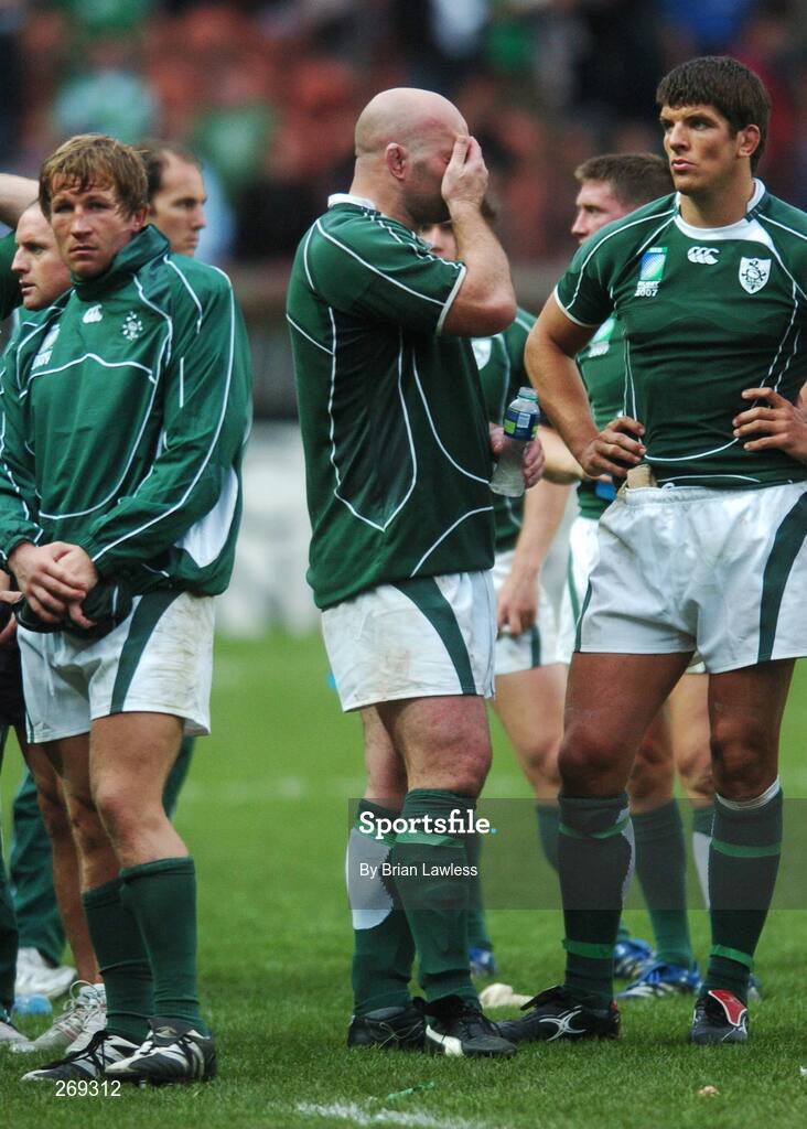 30 September 2007; Ireland players, from left, Jerry Flannery, John Hayes, and Donnacha O'Callaghan, after the match. 2007 Rugby World Cup, Pool D, Ireland v Argentina, Parc des Princes, Paris, France. Picture credit; Brian Lawless / SPORTSFILE