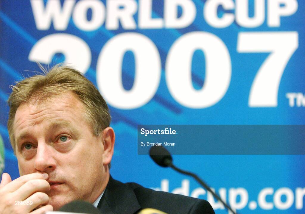 1 October 2007; Ireland head coach Eddie O'Sullivan reacts during a press conference following Ireland's defeat by Argentina on Sunday which eliminated them from the 2007 Rugby World Cup. Sofitel Porte Des Serves, Paris, France. Picture credit; Brendan Moran / SPORTSFILE