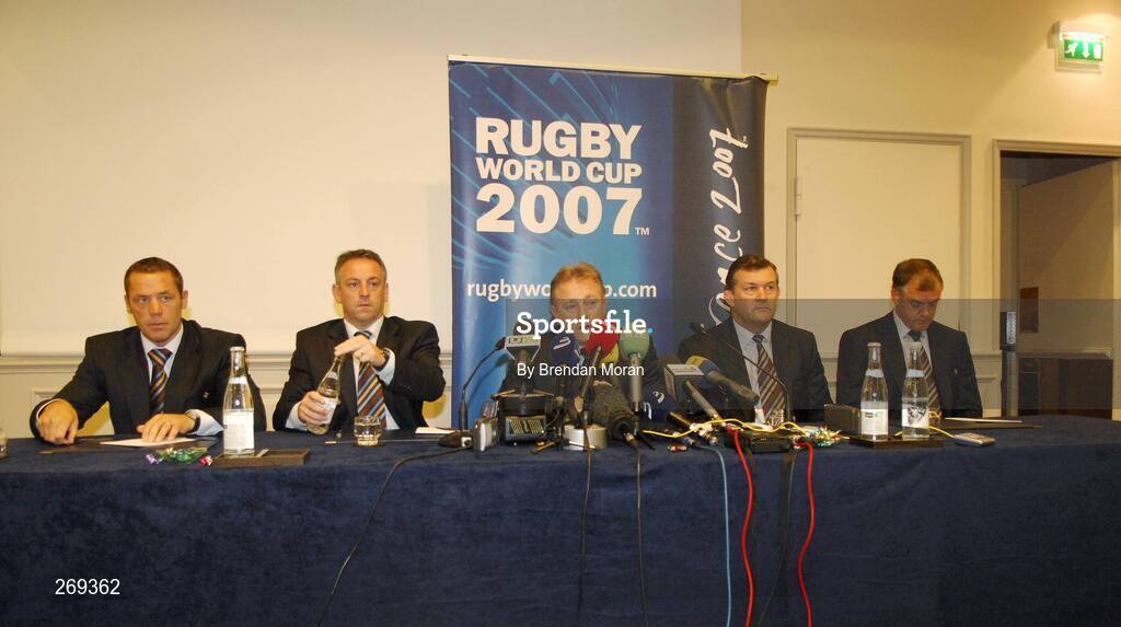 1 October 2007; The Ireland coaching staff, from left, Graham Steadman, defence coach, Mark Tainton, kicking coach, head coach Eddie O'Sullivan, assistant coach Niall O'Donovan and skills coach Brian McLoughlin at a press conference following Ireland's defeat by Argentina on Sunday which eliminated them from the 2007 Rugby World Cup. Sofitel Porte Des Serves, Paris, France. Picture credit; Brian Lawless / SPORTSFILE