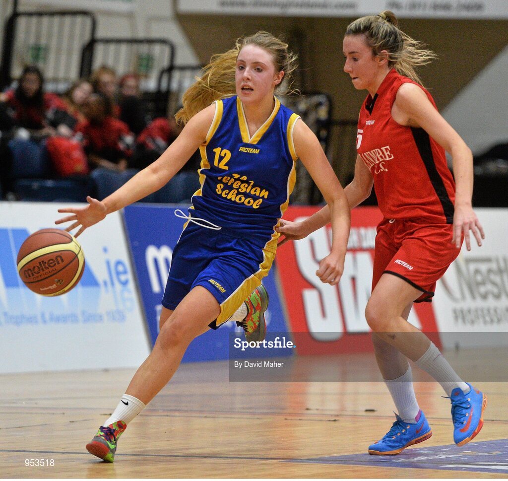 20 January 2015; Rachel Leavy, The Teresian School, in action against Holie Herlihy, Glanmire Community College. All-Ireland Schools Cup U19B Girls Final, The Teresian School v Glanmire Community College, National Basketball Arena, Tallaght, Dublin. Picture credit: David Maher / SPORTSFILE