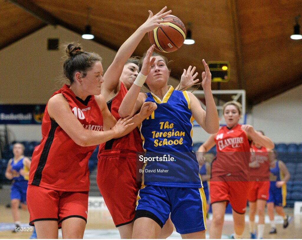 20 January 2015; Allison McGrath, The Teresian School, in action against Jill Sexton, left and Jenna Stacey, Glanmire Community College. All-Ireland Schools Cup U19B Girls Final, The Teresian School v Glanmire Community College, National Basketball Arena, Tallaght, Dublin. Picture credit: David Maher / SPORTSFILE
