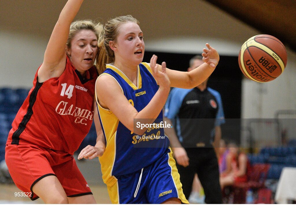 20 January 2015; Rachel Leavy, The Teresian School, in action against Katie Stacey, Glanmire Community College. All-Ireland Schools Cup U19B Girls Final, The Teresian School v Glanmire Community College, National Basketball Arena, Tallaght, Dublin. Picture credit: David Maher / SPORTSFILE