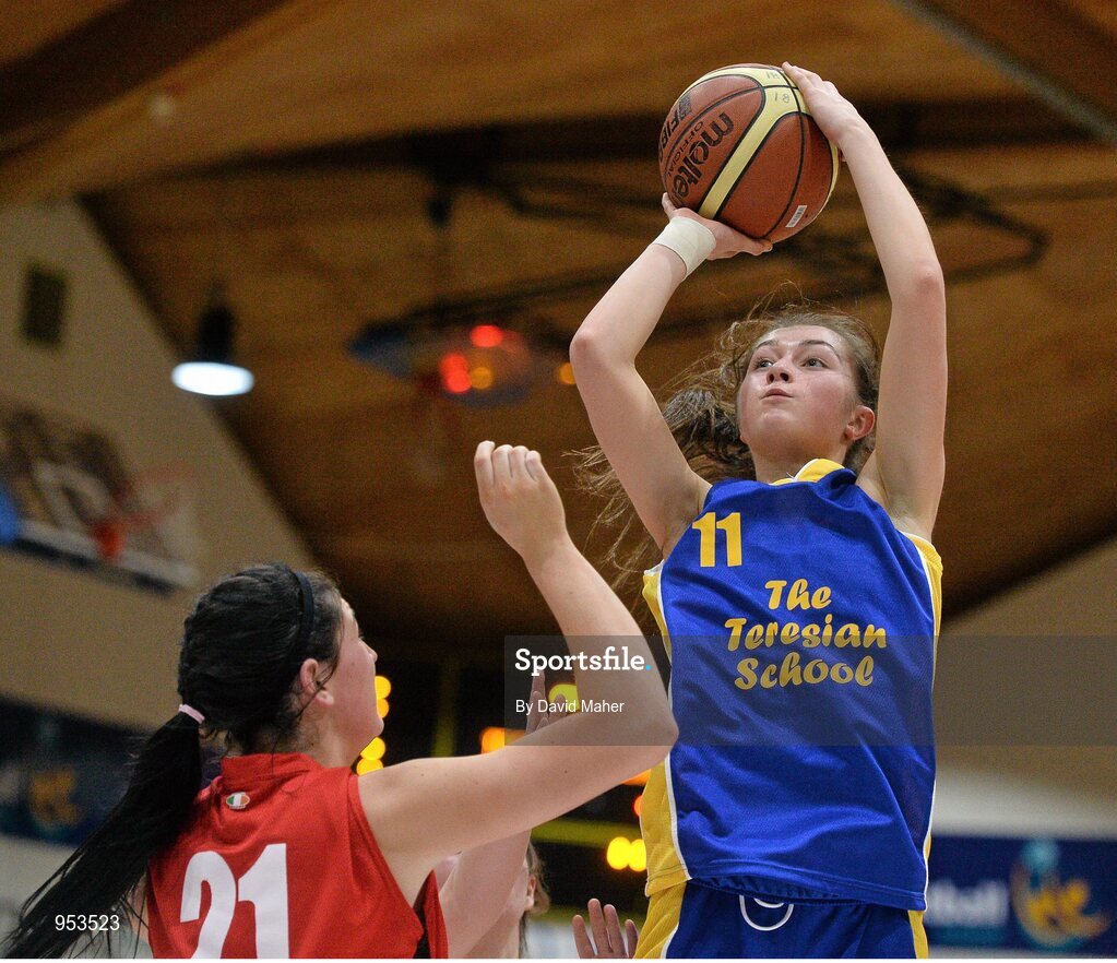20 January 2015; Allison McGrath, The Teresian School, in action against Jessica Quirke, Glanmire Community College. All-Ireland Schools Cup U19B Girls Final, The Teresian School v Glanmire Community College, National Basketball Arena, Tallaght, Dublin. Picture credit: David Maher / SPORTSFILE