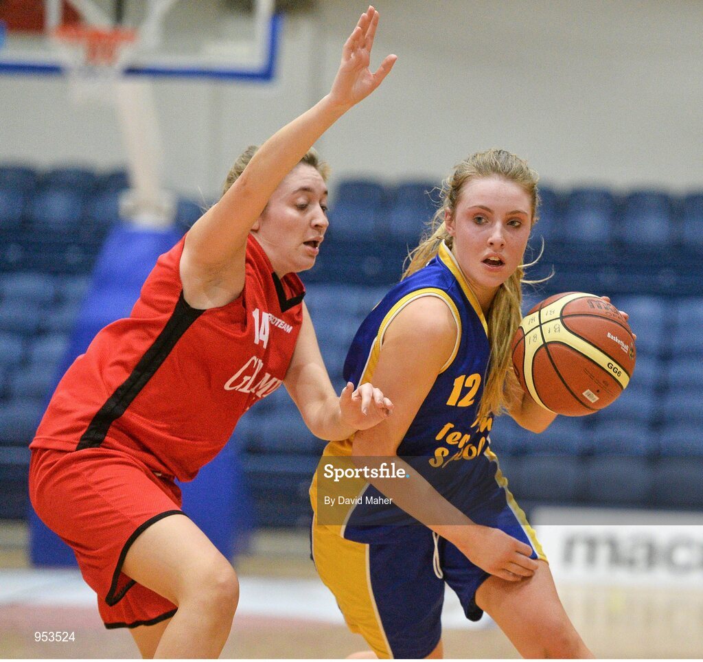 20 January 2015; Rachel Leavy, The Teresian School, in action against Katie Stacey, Glanmire Community College. All-Ireland Schools Cup U19B Girls Final, The Teresian School v Glanmire Community College, National Basketball Arena, Tallaght, Dublin. Picture credit: David Maher / SPORTSFILE