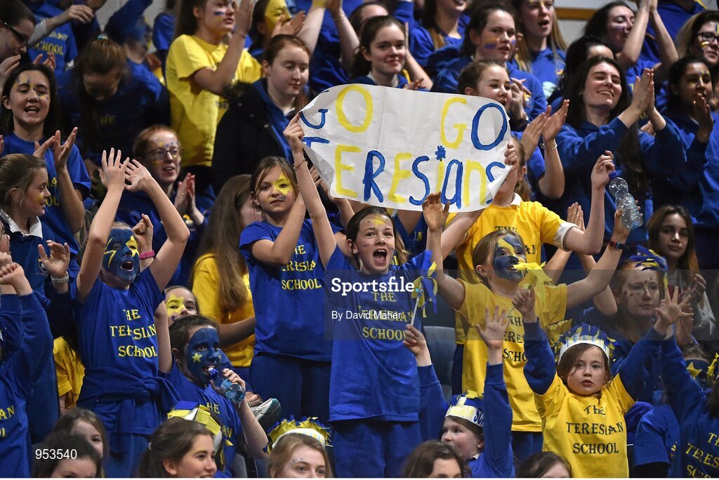20 January 2015; The Teresian School supporters cheer on their team. All-Ireland Schools Cup U19B Girls Final, The Teresian School v Glanmire Community College, National Basketball Arena, Tallaght, Dublin. Picture credit: David Maher / SPORTSFILE