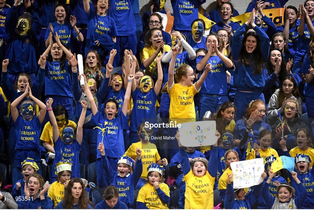 20 January 2015; The Teresian School supporters cheer on their team. All-Ireland Schools Cup U19B Girls Final, The Teresian School v Glanmire Community College, National Basketball Arena, Tallaght, Dublin. Picture credit: David Maher / SPORTSFILE