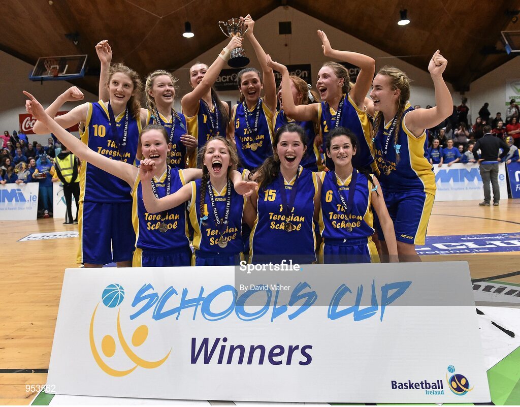 20 January 2015; The Teresian School players celebrate at the end of the game. All-Ireland Schools Cup U19B Girls Final, The Teresian School v Glanmire Community College, National Basketball Arena, Tallaght, Dublin. Picture credit: David Maher / SPORTSFILE
