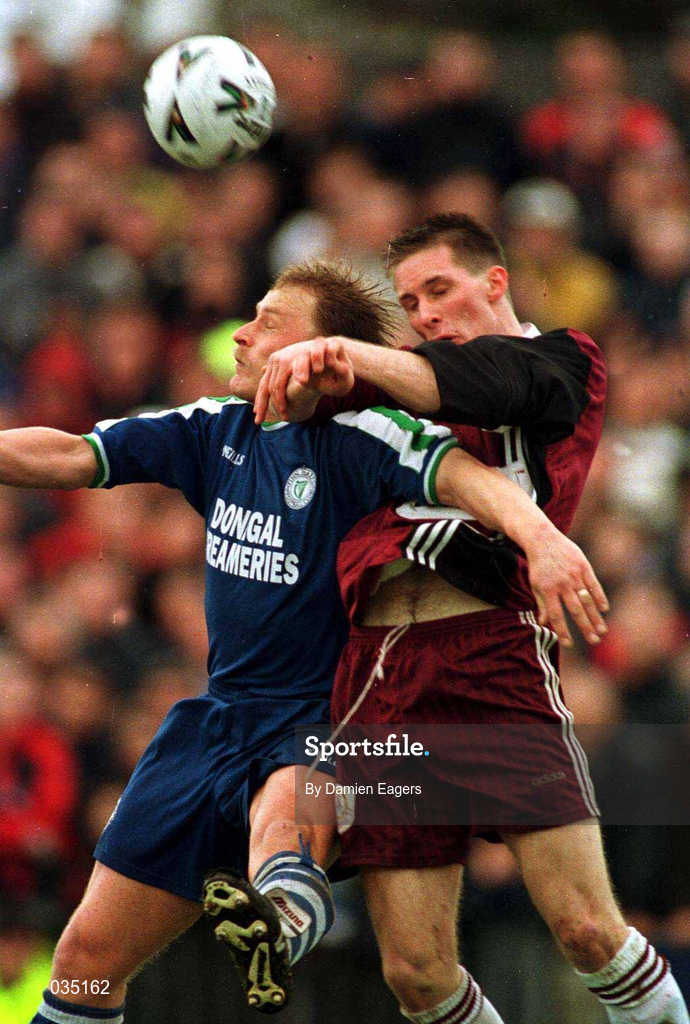 4 April 1999; Jonathan Speak of Finn Harps in action against against Billy Clery of Galway United during the Harp Lager FAI Cup Semi-Final match between Galway United and Finn Harps at Terryland Park in Galway. Photo by Matt Browne/Sportsfile