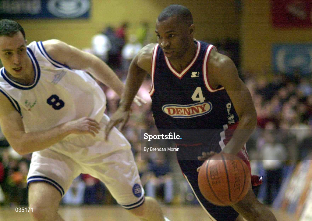 30 January 2000; Brian Benjamin of Denny Notre Dame in action against Dave Donnelly of St Vincent's during the Senior Men's Sprite Cup Final match between Denny Notre Dame and St Vincent's at the National Basketball Arena in Tallaght, Dublin. Photo by Brendan Moran/Sportsfile
