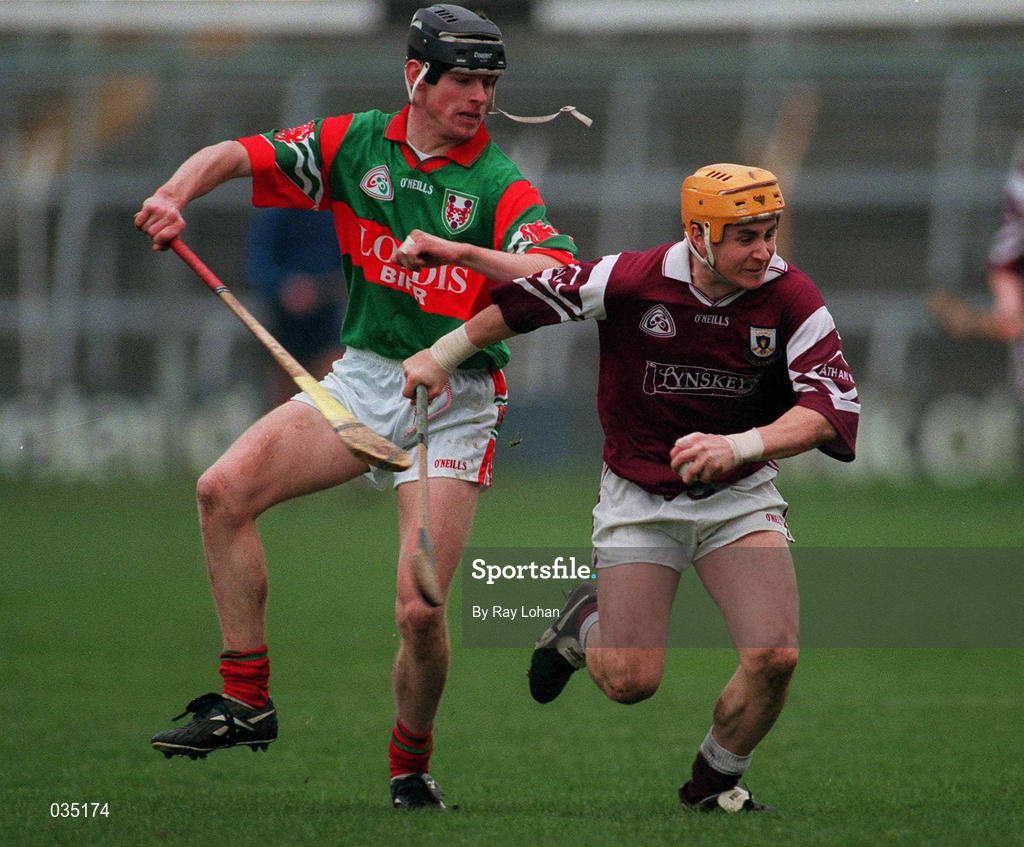 13 February 2000; Brian Higgins of Athenry in action against Paul Molloy of Birr during the AIB All-Ireland Senior Club Hurling Championship Semi-Final match between Athenry and Birr at Semple Stadium in Thurles, Tipperary. Photo by Ray Lohan/Sportsfile
