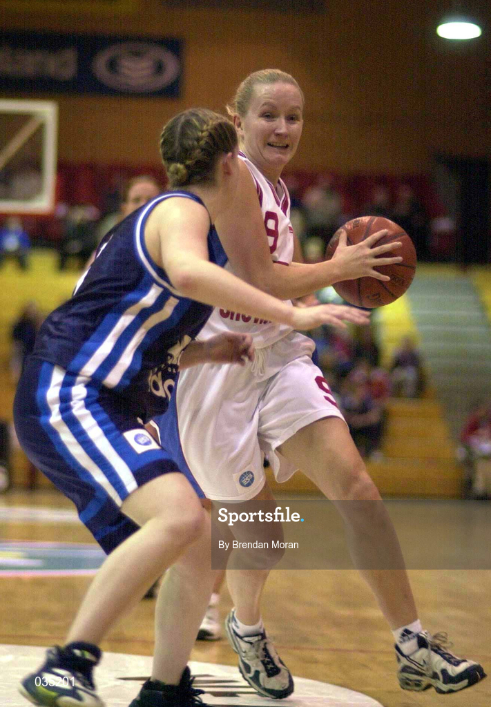 29 January 2000; Caitriona White of Avonmore Wildcats  in action against Lisa Grennell of Killester during the Senior Women's Sprite Cup Semi-Final match between Avonmore Wildcats v Killester at the National Basketball Arena in Tallaght, Dublin. Photo by Brendan Moran/Sportsfile