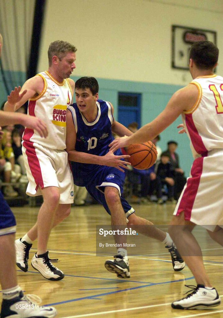 4 December 1999; Brian Tonkovich of St Vincent's in action against Trevor Moore of BK Limerick during the ESB Men's Superleague Basketball match between St Vincent's and BK Limerick at St Vincent's Basketball Club in Glasnevin, Dublin. Photo by Brendan Moran/Sportsfile