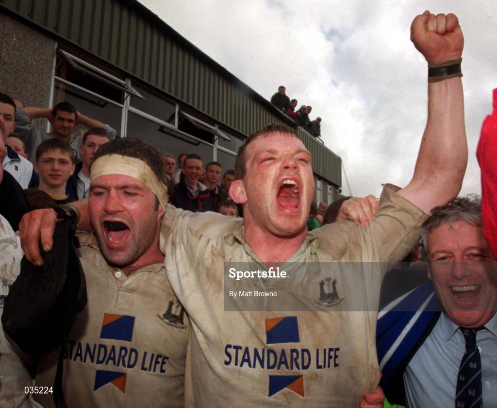 25 April 1999; Cork Constitution players David Corkery, left, and Ian Murray celebrate after the AIB Rugby League Division 1 Semi-Final match between Cork Constitution v Buccaneers at Temple Hill in Cork. Photo by Matt Browne/Sportsfile