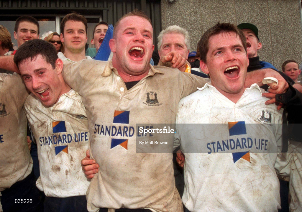 25 April 1999; Cork Constitution players, from left, Brian O'Meara, Frank Sheahan and Conor Mahoney celebrate after the AIB Rugby League Division 1 Semi-Final match between Cork Constitution v Buccaneers at Temple Hill in Cork. Photo by Matt Browne/Sportsfile