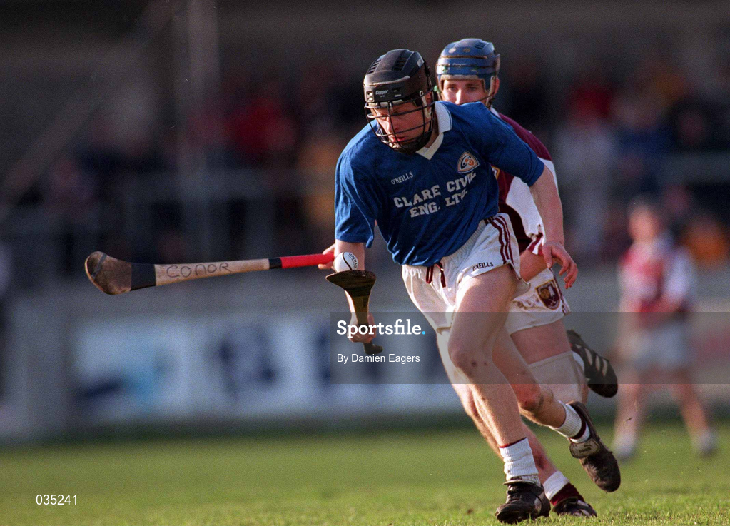 13 February 2000; Darragh O'Driscoll of St Joseph's Doora Barefield in action against Ryan McNaughton of Cushendall during the AIB All-Ireland Senior Club Hurling Championship Semi-Final match between Cushendall and St Joseph's Doora Barefield at Parnell Park in Dublin. Photo by Damien Eagers/Sportsfile