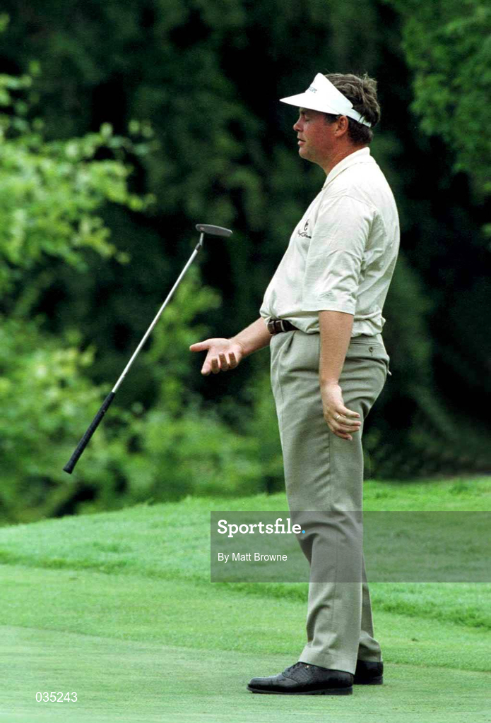 2 August 1999; Darren Clarke throws his putter in the air after missing a birdie putt on the 11th green during day four of the Smurfit European Open at the K-Club in Straffan, Kildare. Photo by Matt Browne/Sportsfile