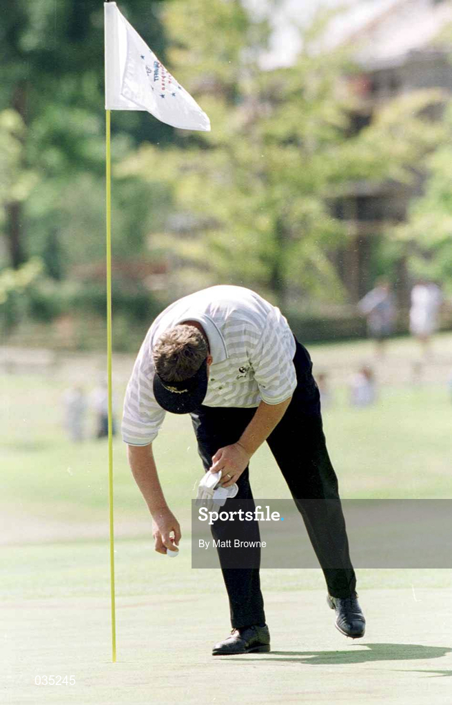 1 August 1999;  Darren Clarke, pictured after taking the ball from the hole, after he shot a hole-in-one at the 5th during day three of the Smurfit European Open at the K-Club in Straffan, Kildare. Photo by Matt Browne/Sportsfile