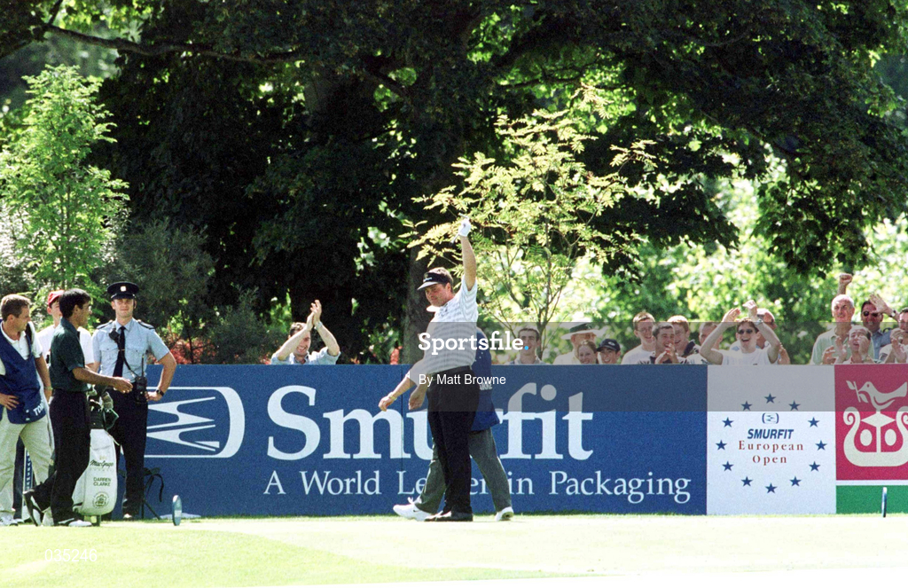 1 August 1999;  Darren Clarke, celebrates his hole in one shot on the 5th during day three of the Smurfit European Open at the K-Club in Straffan, Kildare. Photo by Matt Browne/Sportsfile