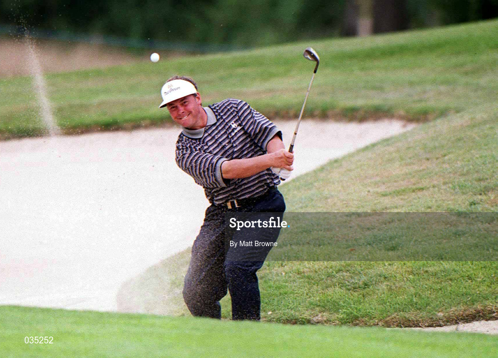 31 July 1999; Darren Clarke chips out of a bunker during day two of the Smurfit European Open at the K-Club in Straffan, Kildare. Photo by Matt Browne/Sportsfile