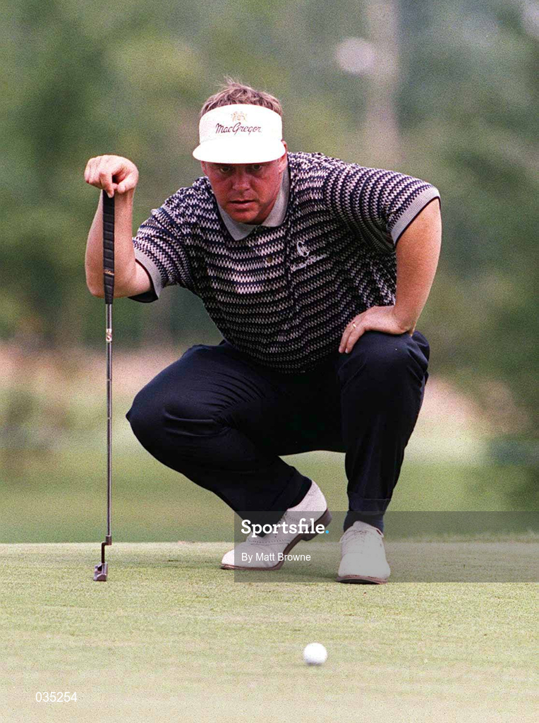 31 July 1999; Darren Clarke lines up a putt at the second green during day two of the Smurfit European Open at the K-Club in Straffan, Kildare. Photo by Matt Browne/Sportsfile