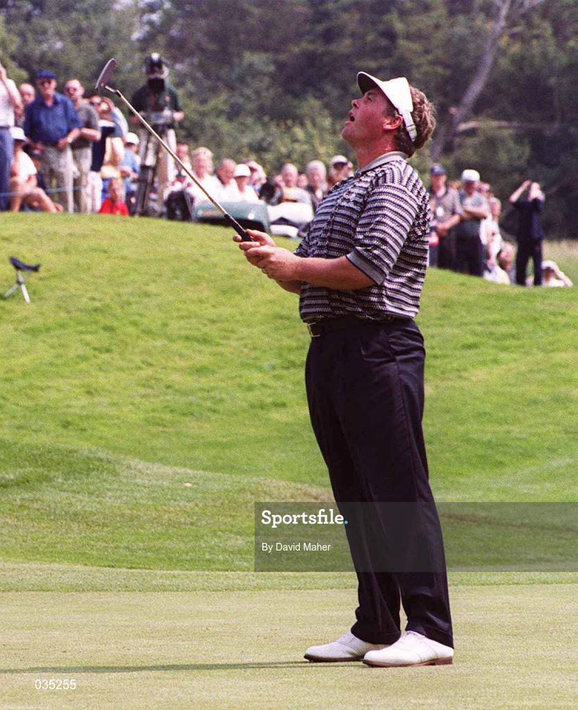 31 July 1999; Darren Clarke reacts after missing a putt for a record 9 birdie's in a row at the 8th green during day two of the Smurfit European Open at the K-Club in Straffan, Kildare. Photo by Matt Browne/Sportsfile