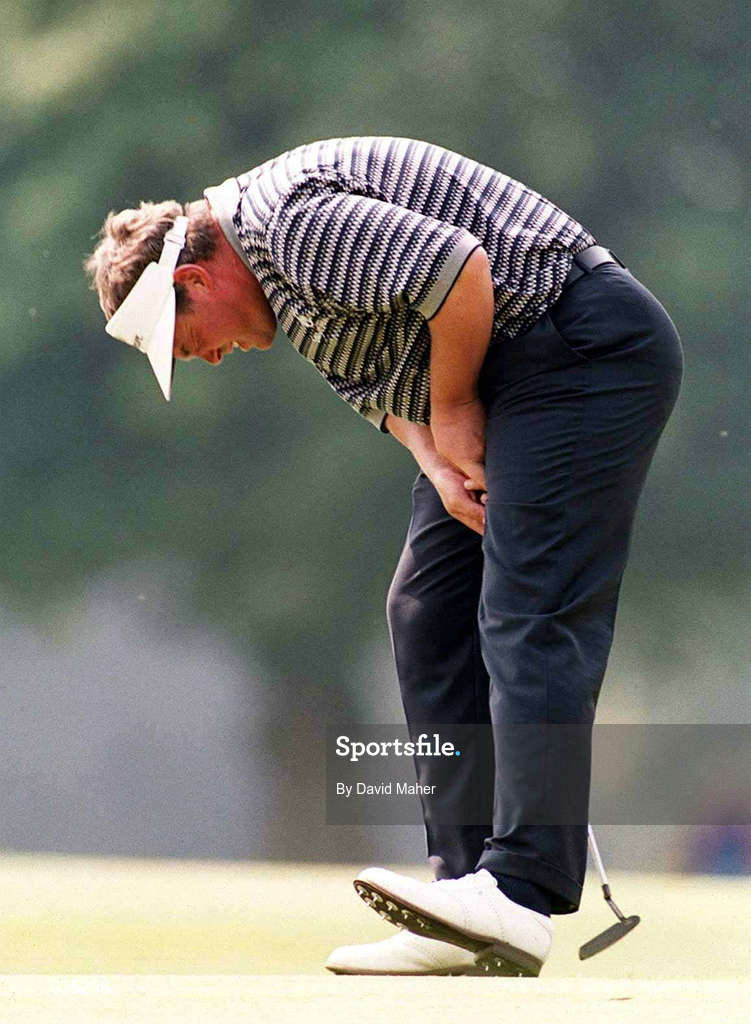 31 July 1999; Darren Clarke reacts after missing a putt for a 59 on the 9th green during day two of the Smurfit European Open at the K-Club in Straffan, Kildare. Photo by Matt Browne/Sportsfile